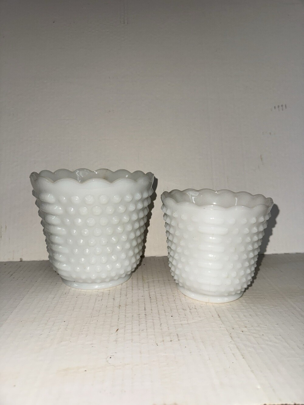 Vintage Fire-King Milk Glass Hobnail Planters Set of 2 Scalloped Rim